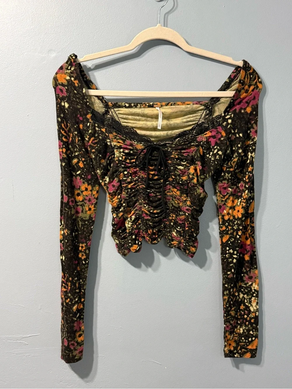 Free People Layer It On Me Top Womens Small Black Floral Ruched Lace Crop Blouse